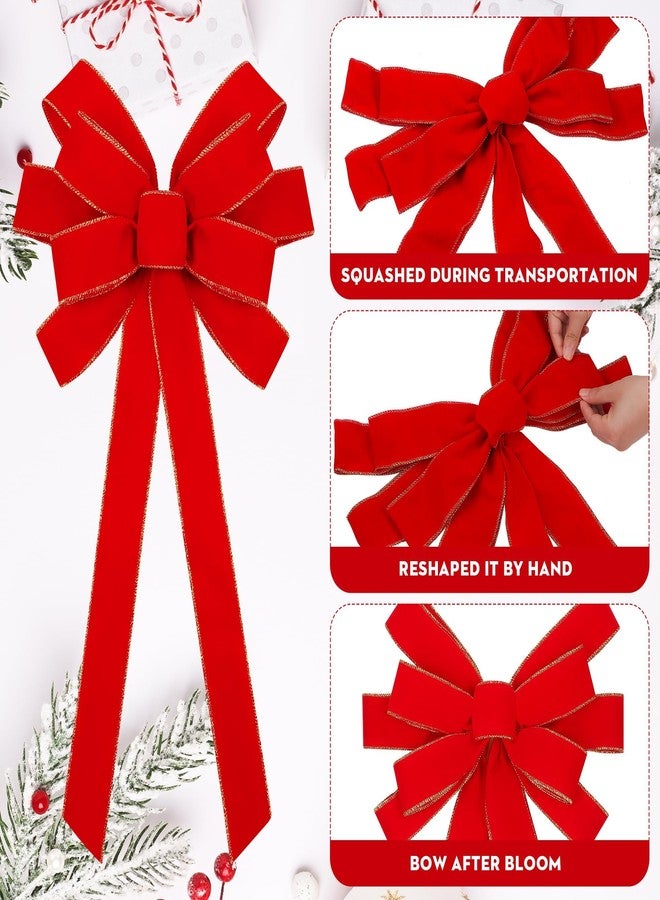 Fovths 2 Pieces Red Christmas Bows 36 x 18 Inches Large Velvet Christmas Wreath Bow with Glitter Gold Edge Christmas Tree Topper Ornament Bow for Christmas Home Indoor Outdoor Door Decor - Image 3